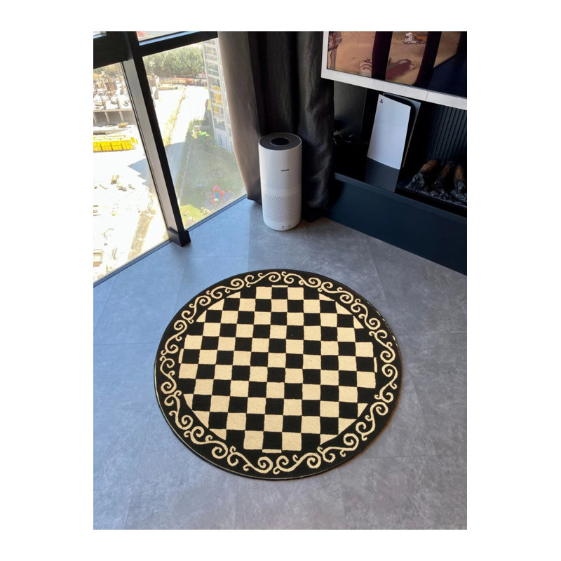 Black And Beige Woven Carpet With Round Checkerboard Pattern, Round 3'4"