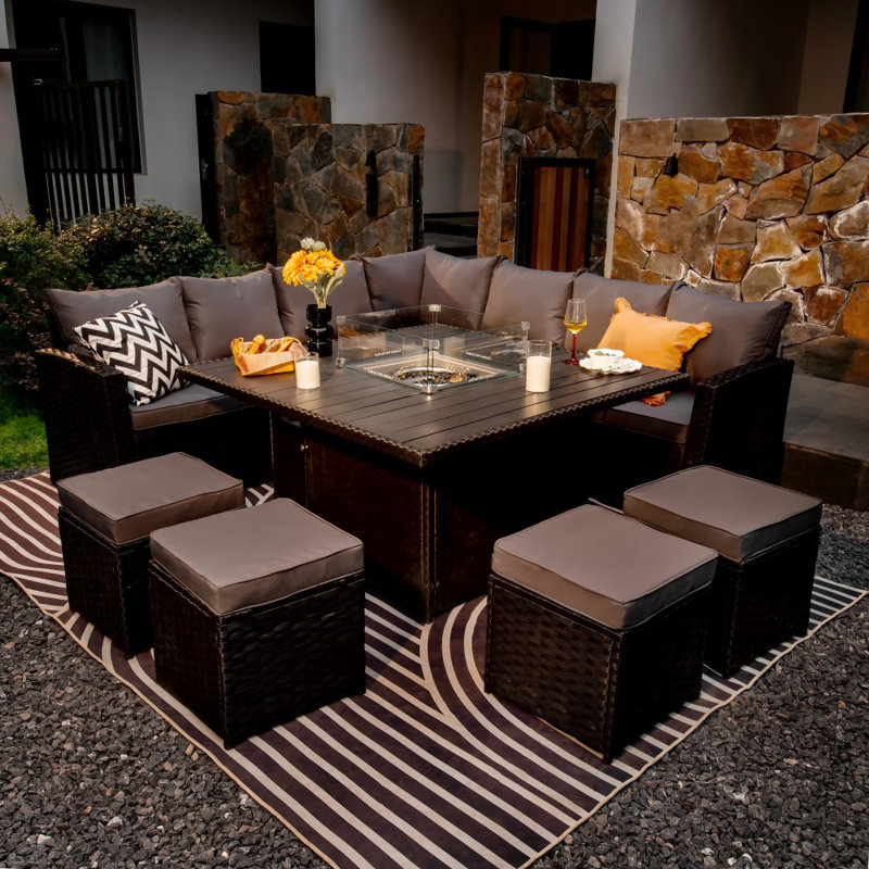 Outdoor Deodhar All Weather Wicker 11 - Person Seating Group, 9 Pieces: Sofa, Corner, 4 Stool, Table, Rain Cover