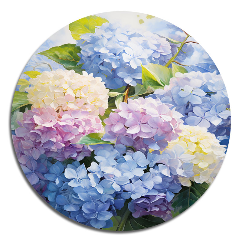 Fleurs d'hortensia éternelles bleues et bleues - art floral rond en métal, H 36 po x l 36 po
