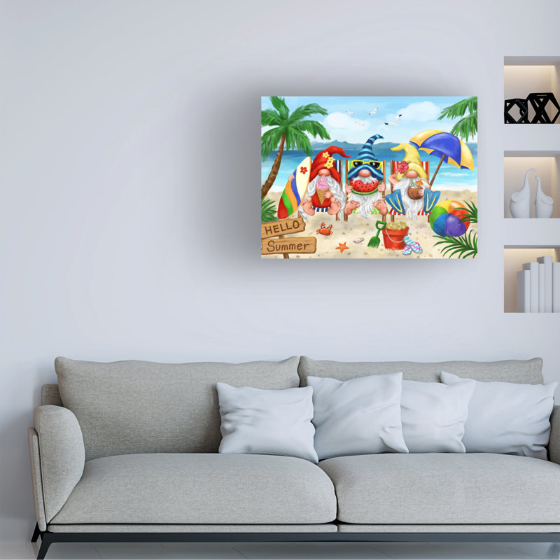 Art sur toile, ginomes à la plage, H 14 po x l 19 po
