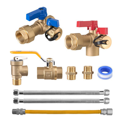 Water Heater Kit, 3/4 Inch Cold & Hot Water Plumbing Repair Kit with 600 WOG Isolation Valves, Pressure Relief Valve, Ball Valve, Gas Hose, Compatible with Most Tankless Waters Heater Brands