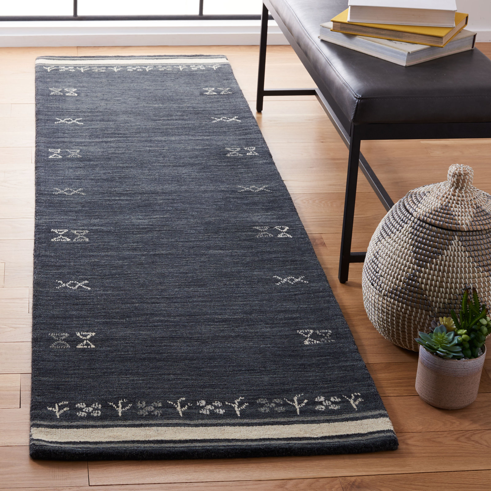 Santiago Charcoal Handmade Wool Geometric Rug, Runner 2'3" x 12'