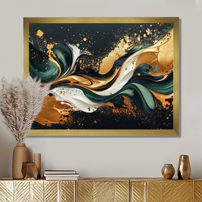 «Gold Green Temporal Fluidité II», art mural abstrait à encre liquide