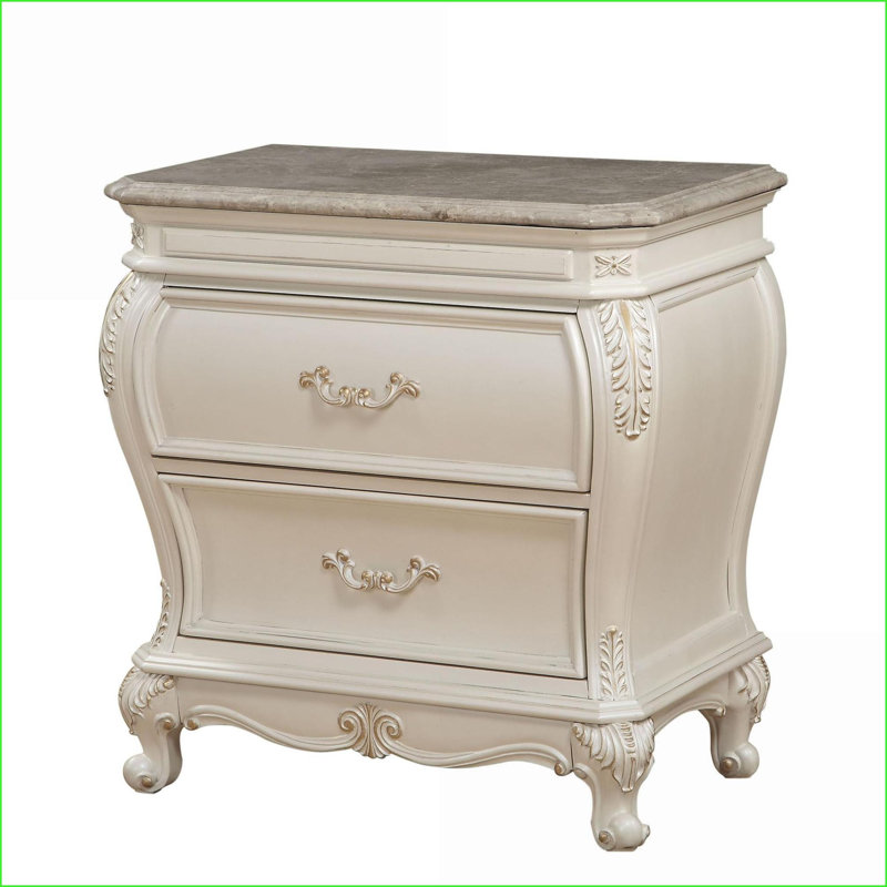 Table de chevet 2 tiroirs Pearl White avec pieds Queen Anne