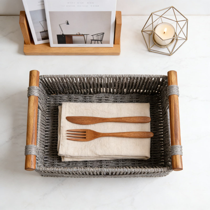 Handwoven Storage Baskets With Wood Handles, Recyclable Paper Rope Decorative Organizer For Living Room, Bedroom, Shelves, And Home Office, Set Of 2