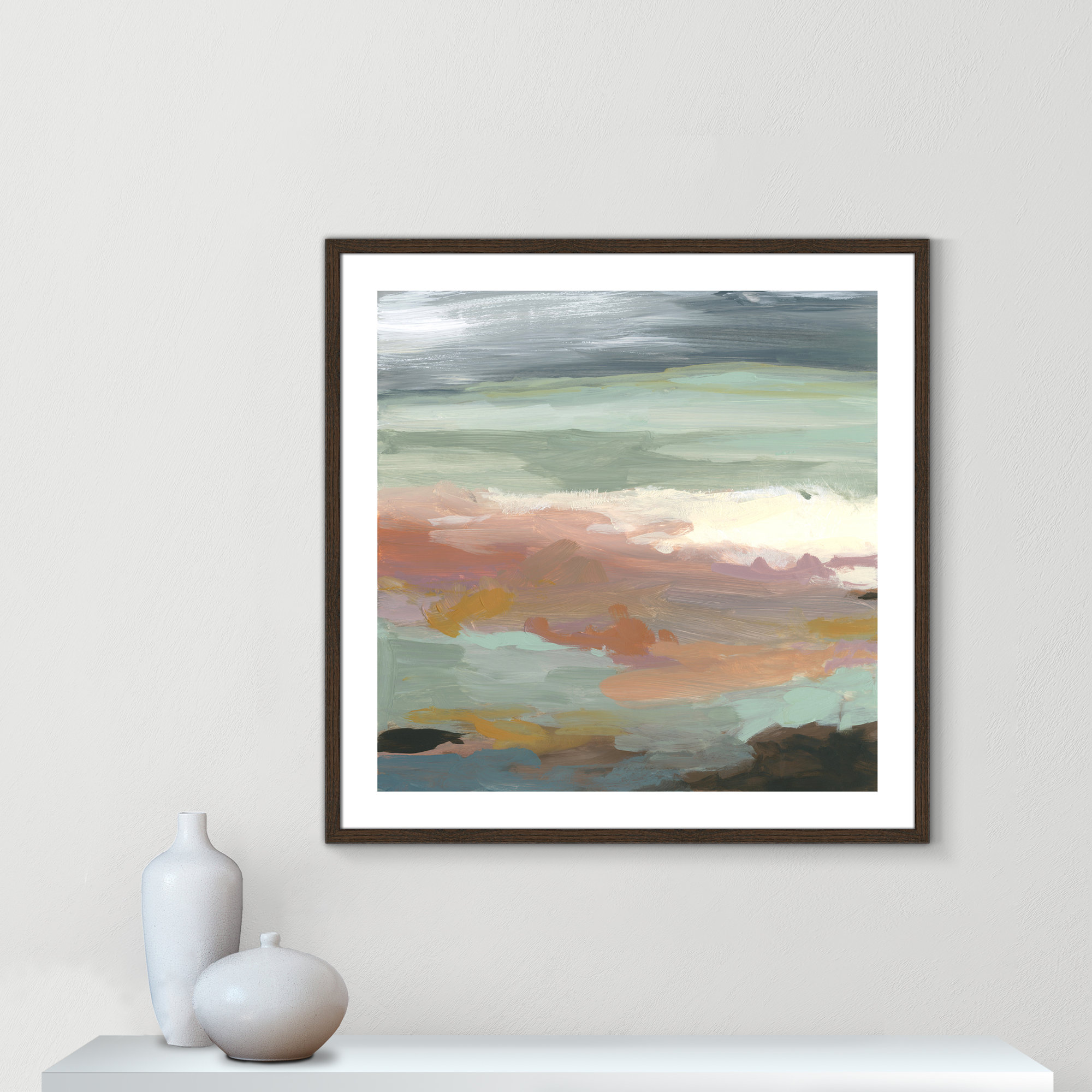 Ocean Bluffs by Carol Robinson - Painting Print on Paper, 33.25" H x 33.25" W, Picture Framed Paper, Walnut Wood