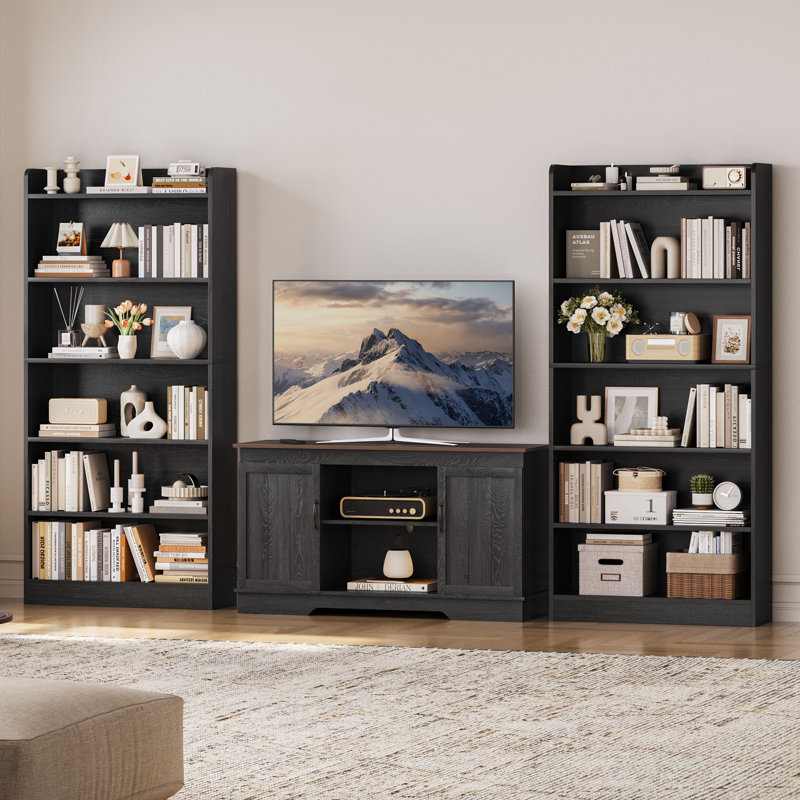 Bibliothèque 63 "H 63" x l 24 "moderne simple à 6 niveaux avec compartiment supérieur ouvert, Noir, noir, noir, noir