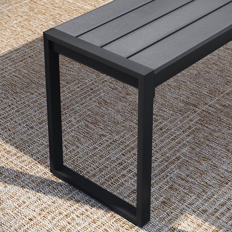 Ensemble de salle à manger de patio avec table de salle à manger rectangulaire et 2 bancs en faux bois, Bois brossé gris