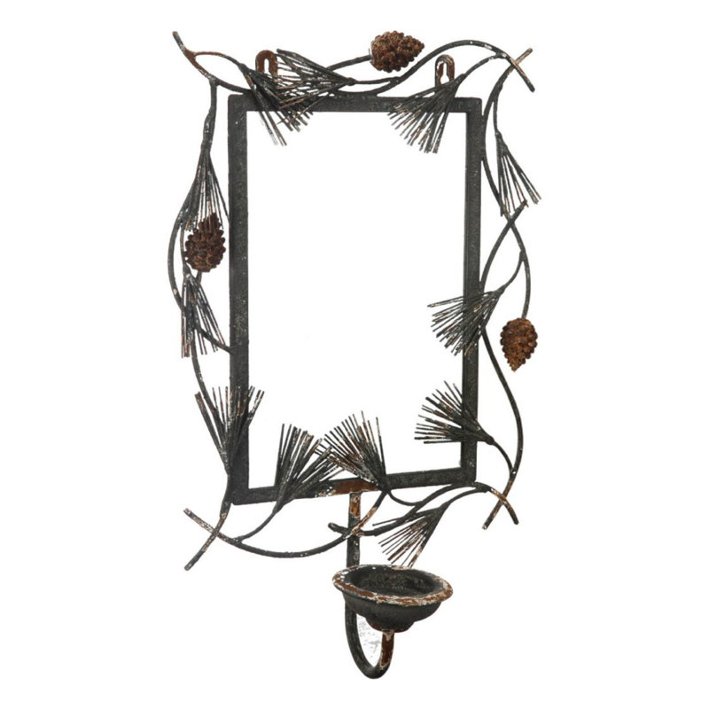 Mia Wall Candle Holder, 19 Inch Black Frame With Pine Branch Accents
