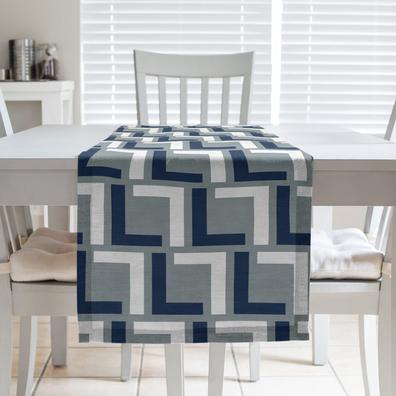 Chemin de table Carolina, 90 po x 16 po, Coton, Bleu / blanc / argent