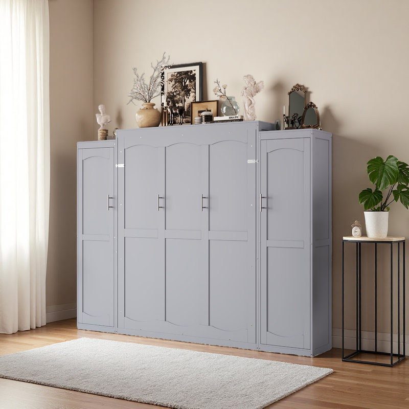 Lit escamotable, lit escamotable double en bois avec 2 garde-robes et tablette de rangement, cadre de lit plateforme pliable multifonctionnel pour chambre d'amis, chambre à coucher