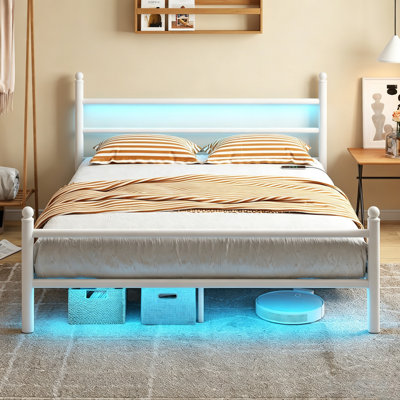 Full Bed Frame with LED Lights, White Wood Platform Bed with Headboard, No Box Spring Needed