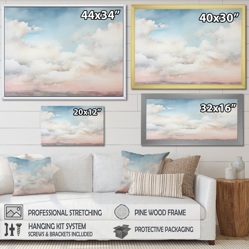 Minimalisme, ciel nuageux, paysage sur toile, Cadre simple argenté, H 16 po x l 32 po x P 1 po