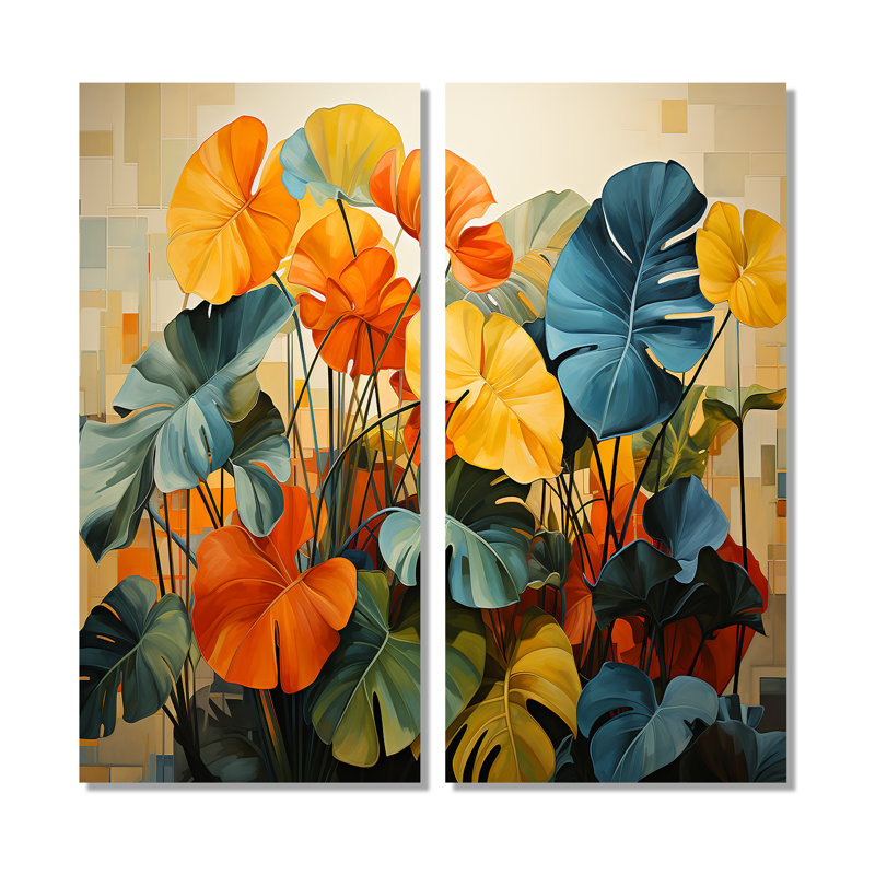 Orange, plantes tropicales vertes II - impressions sur toile orange, H 20 po x l 24 po, Toile tendue, Ne s’applique pas