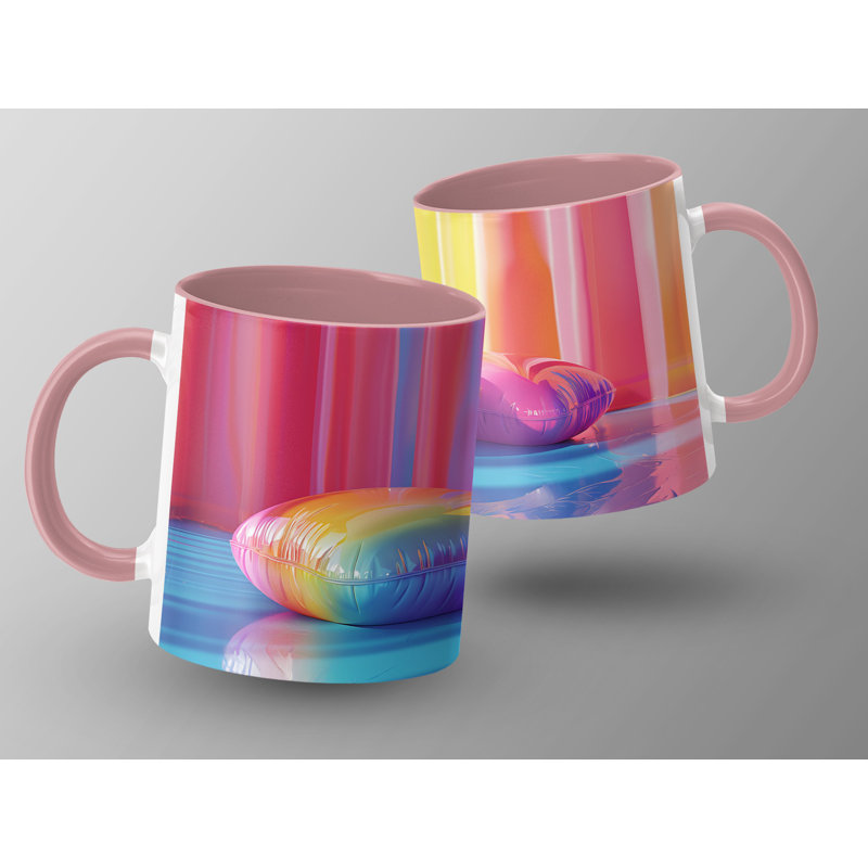 Set of 2 3D Design 11oz Accent Mugs – Ceramic Coffee Cups with a Pink Handle and Interior