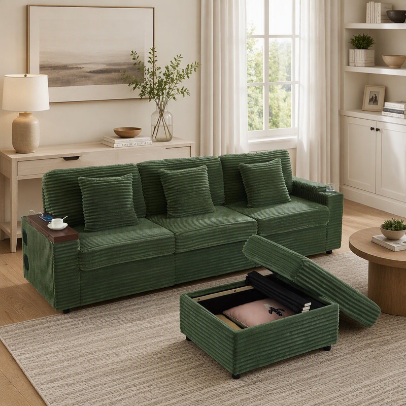 Canapé modulaire surdimensionné surdimensionné, canapé en velours côtelé avec porte-gobelets, port USB, espace de rangement et haut-parleur Bluetooth pour le salon et la chambre à coucher