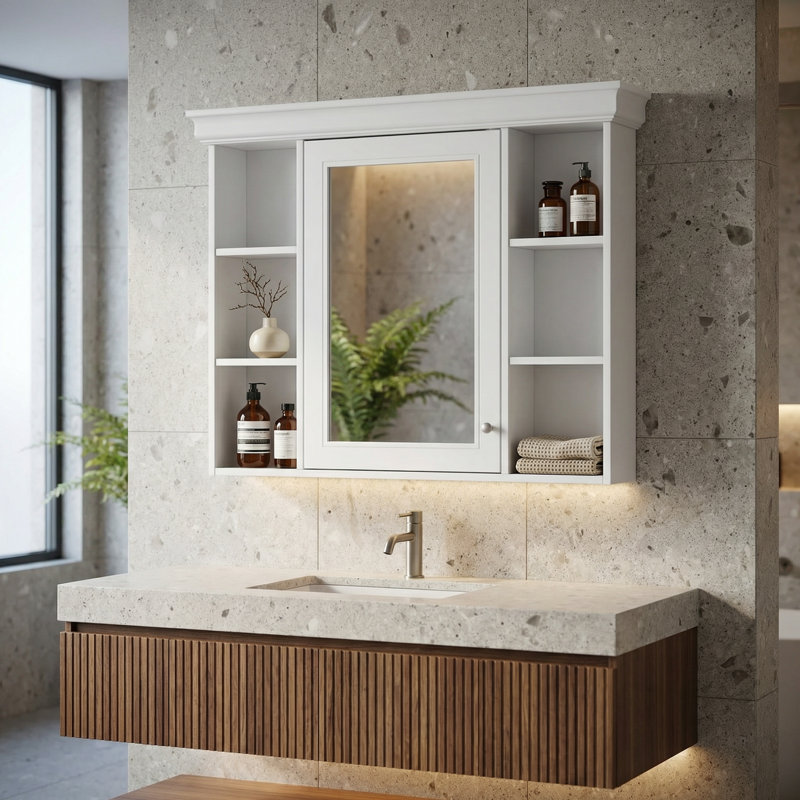 Armoire de rangement murale avec porte miroir et tablettes réglables pour salle de bain moderne