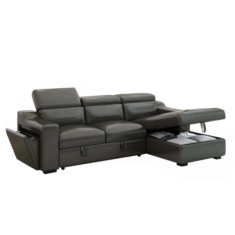 Canapé modulaire convertible de 103 po avec méridienne de rangement, appui-tête réglable, canapé-lit d'angle en L avec lit escamotable, charge USB et porte-gobelet