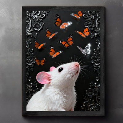 Black Framed Vintage Butterfly and White Mouse Wall Art Retro Style Framed Prints
