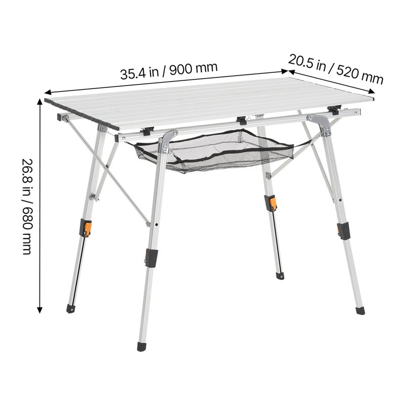 Table de camping pliante portative en aluminium argenté, plateau de table en filet de 35,4 pouces de large, hauteur réglable, structure en acier stable, compact pour le rangement dans le garage