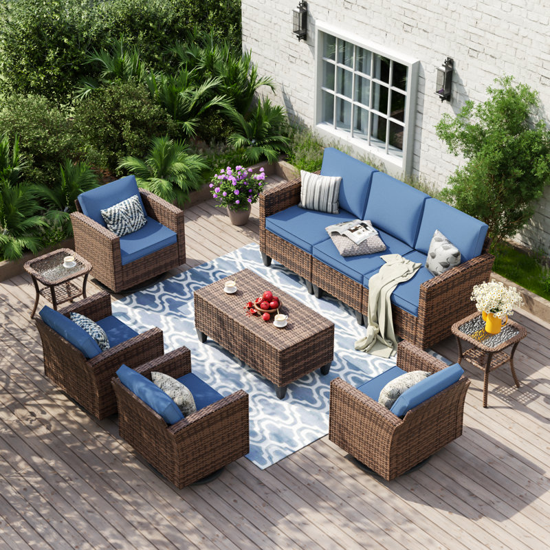 Meyah 7 - Person Outdoor Wicker Sofa Seating Group With Storage Table And 2 Side Table, Navy