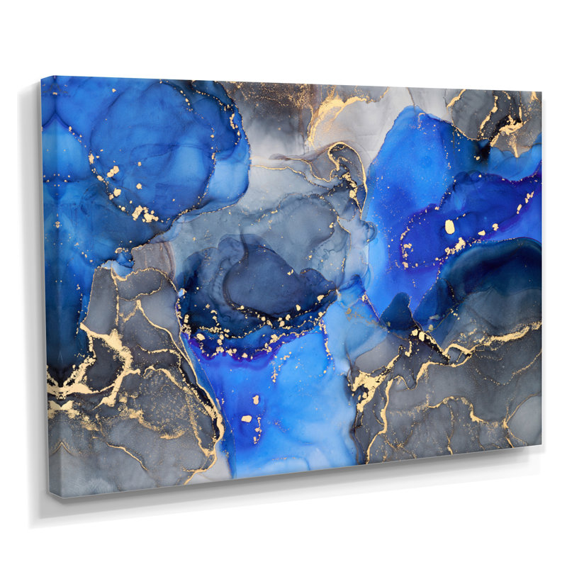 «Blue and Black Luxury Abstract Fluid Art I», reproduction d'art sur toile, H 30 po x l 40 po, Toile tendue, Sans cadre