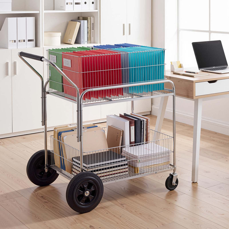 Chariot à dossiers roulant à 2 niveaux avec roulettes verrouillables, supportant une charge de 120 kg (264,55 lb), dimensions : 95,5 x 57 x 96,5 cm (37,6 x 22,4 x 38 po), chariot utilitaire robuste pour le rangement de dossiers.