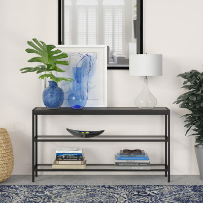 Modern Rectangular Console Table With Blackened Bronze Finish And Tempered Glass Top For Entryway, Living Room, Or Hallway