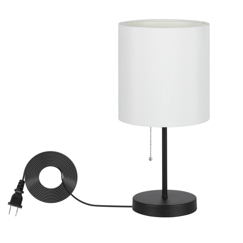 Modern Bedside Desk Lamp Pull Chain with white fabric shade for Bedroom Office Dorm