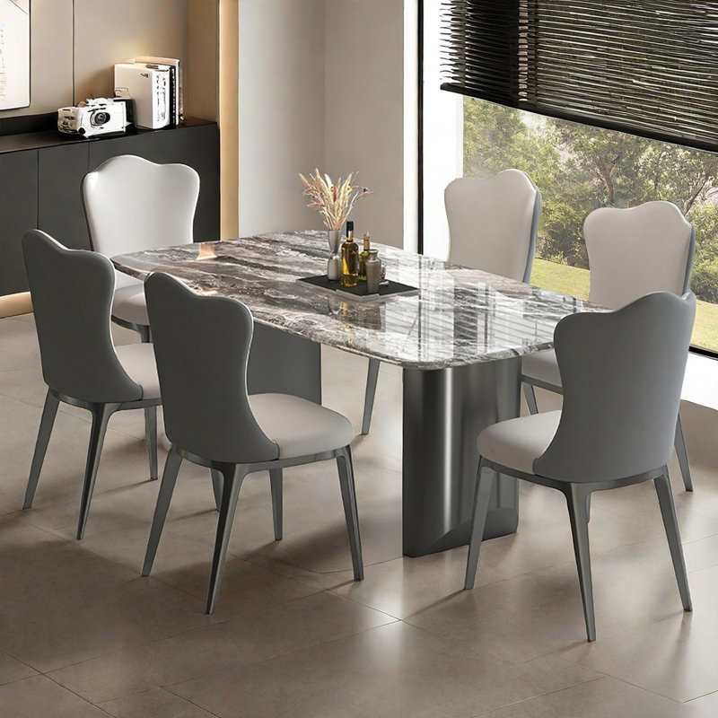 Grey Luxury Marble Rectangular Dining Table Sets, 29.5"H x 63"L x 35.4"W, 7 Pieces: Table, 6 Chairs
