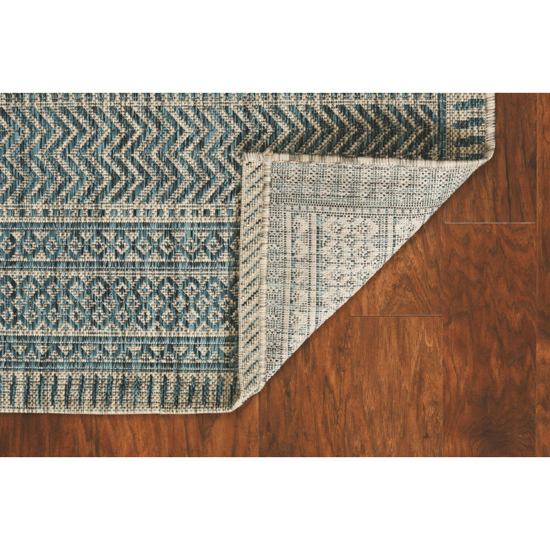 Sedona Striped Tribal Bohemian Teal/Natural Indoor/Outdoor Performance Area Rug, Rectangle 5'3" x 7'7"