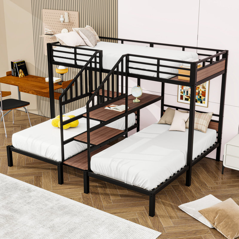 Metal Bunk Bed With Shelves And Slats, Twin Over Twin and Twin