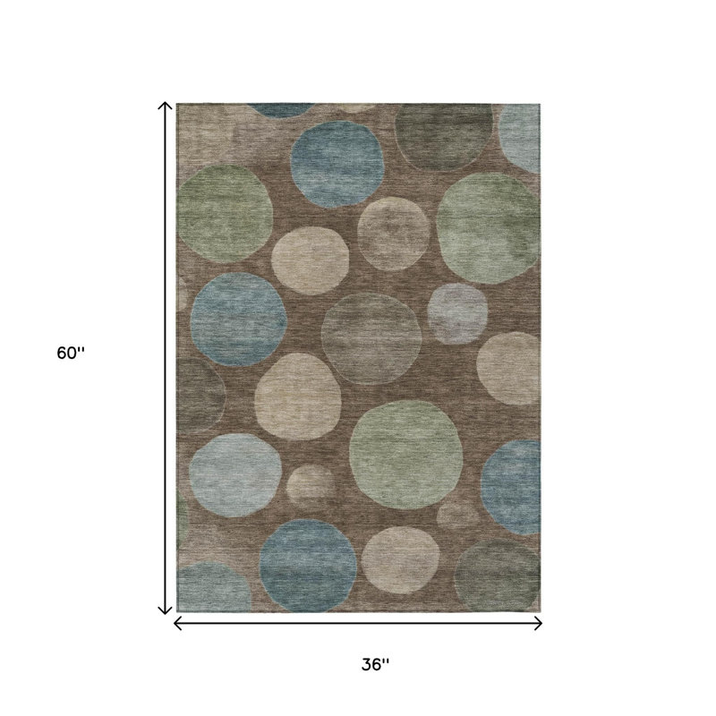 3' X 5' Chocolate Fern Green And Teal Blue Geometric Washable Indoor Outdoor Area Rug