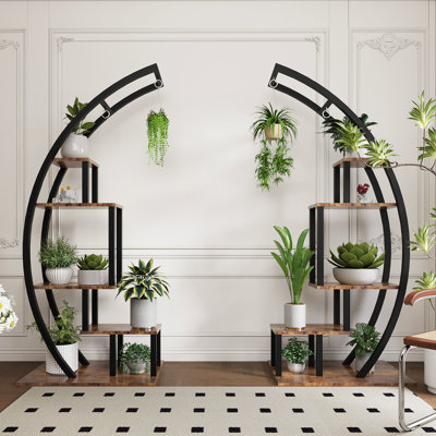 Support pour plante à 5 niveaux en métal, support pour plante en forme de demi-lune avec 4 crochets de suspension pour le patio, le salon et le jardin