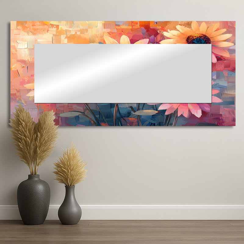 Collage Of Hues Pink Sunflowers I - Floral Mirror Wall Art - Printed On Metal, 28" x 60"