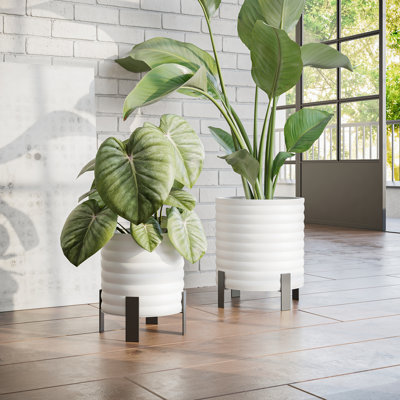Fatima Mid Century Modern Indoor Metal Pot Planter 4-Leg Metal Base - Set