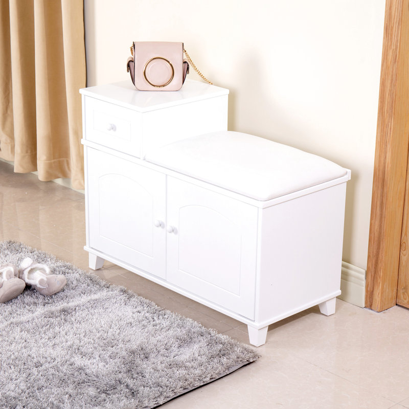 Banc blanc avec rangement pour chaussures avec coussin en polyuréthane ignifuge, portes doubles et tiroir en bois pour porte d'entrée