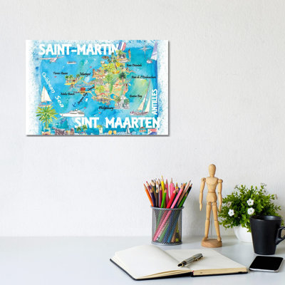 Saint-Martin Sint Maarten Antilles Illustrated Caribbean Map with Highlights of West Indies Island Dream by Markus & Martina Bleichner - Wrapped Canvas Graphic Art 1 Piece Wrapped Canvas Wall Art