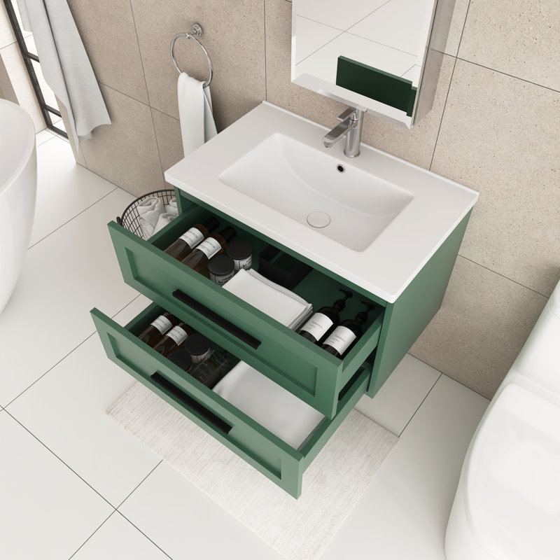 Ensemble de meuble-lavabo simple mural 30 po vert avec lavabo en céramique intégré