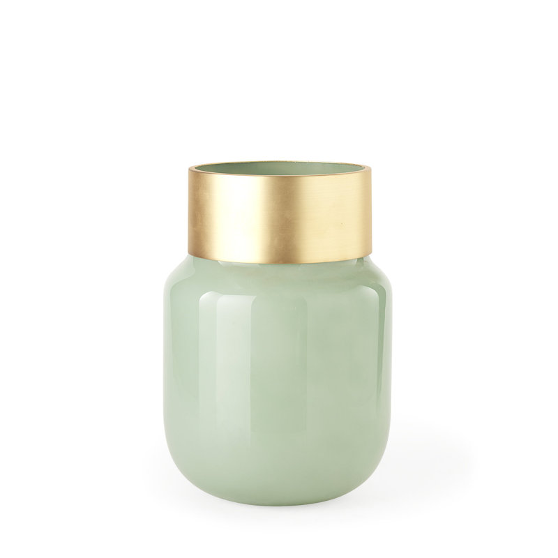 Vase en verre menthe moyen avec poignet en métal doré mat Trashawn, H 12,44 po x l 8,66 po x l 8,66 po