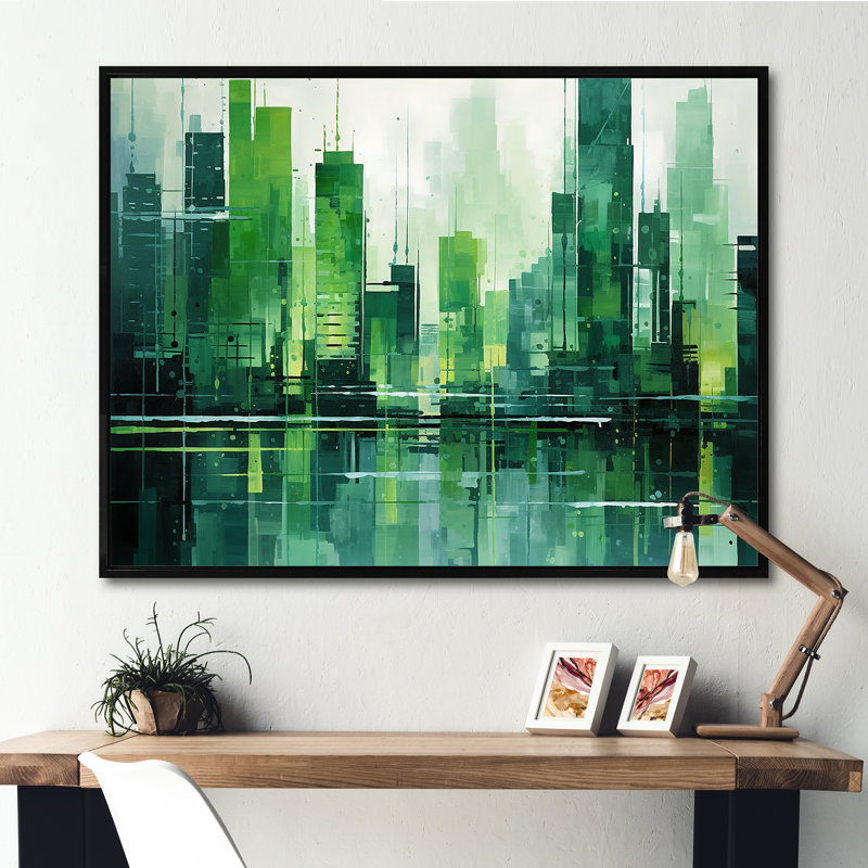 «Emerald Elevations Skyscraper City», reproduction sur toile, Cadre flottant noir, H 16 po x l 32 po
