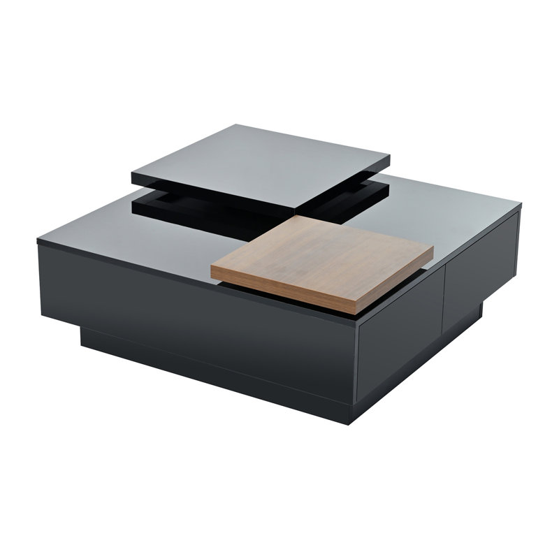 Table basse à plateau mobile, table basse carrée moderne en bois avec finition ultrabrillante, 4 tiroirs de rangement cachés pour le salon