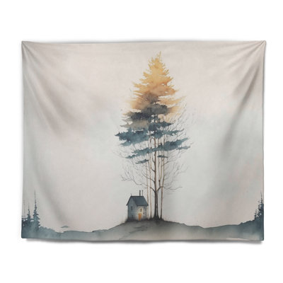 Blue Watercolor Tree By A Little Countryhouse I Polyester Tapestry