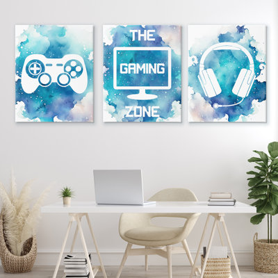 Blue Gamer Splatters 3pc Canvas Set, design by Marcus Prime