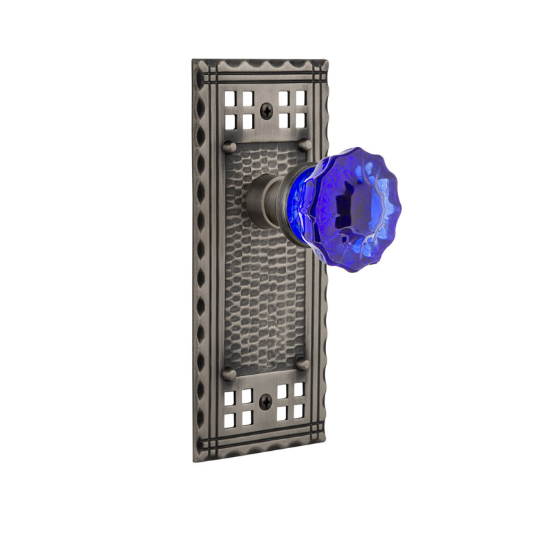 Poignée de porte mortaise intérieure en cristal de cobalt avec plaque longue artisan, Étain antique, 2 1/4