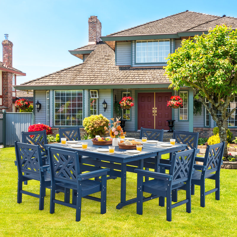 Hdpe Outdoor Dining Set,10-piece Outdoor Table And Chairs Include 8 Dining Chairs And 2 Pcs 62.5" Patio Dining Table With Umbrella Hole (blue)
