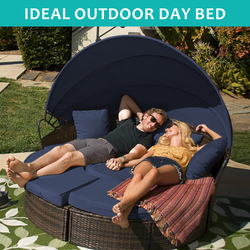 Alleshia 64.1" Wide Outdoor Wicker Round Patio Daybed with Cushions, Navy