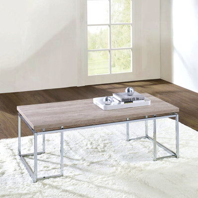 Modern Contemporary Coffee Table Natural Oak Living Room Furniture 1Pc Center-Table Chrome Finish Frame Occasional Table