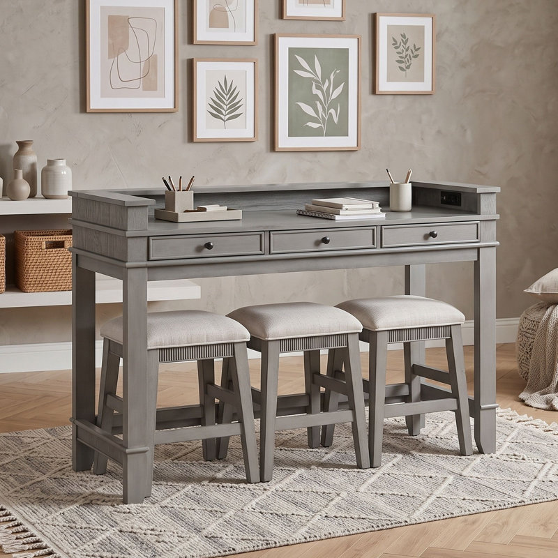 Ensemble de salle à manger 4 pièces avec tiroirs de rangement, chaises et port USB, Gris pâle
