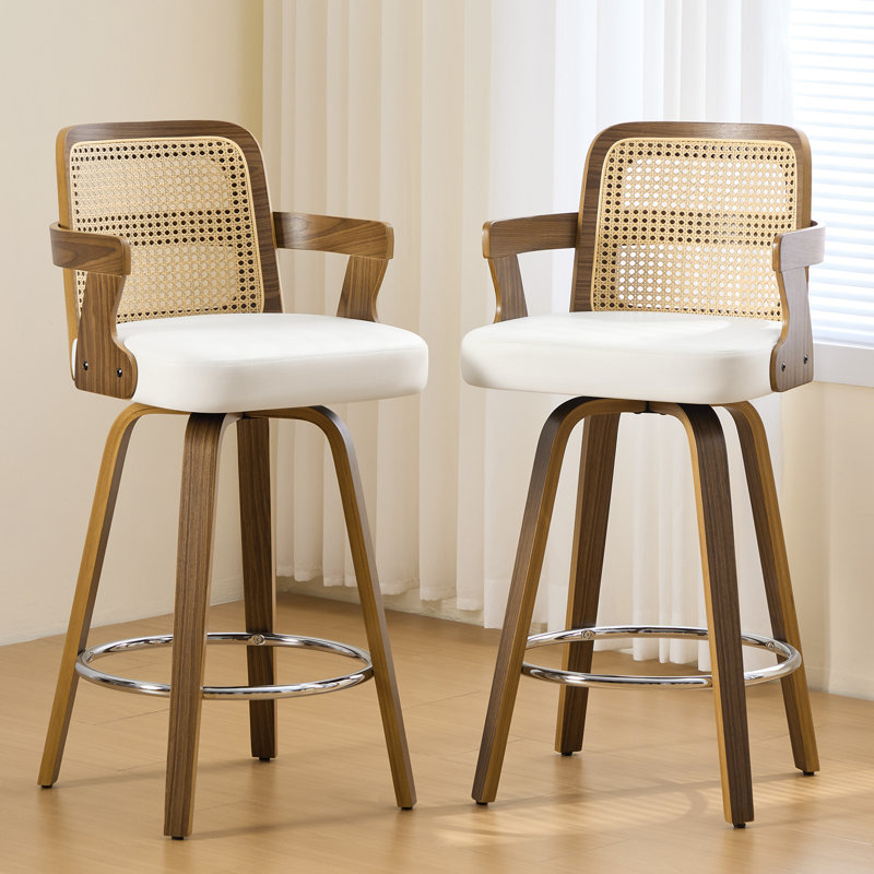 26.77" Upholstered Cane Back Counter & Bar Stool With Armrest, White